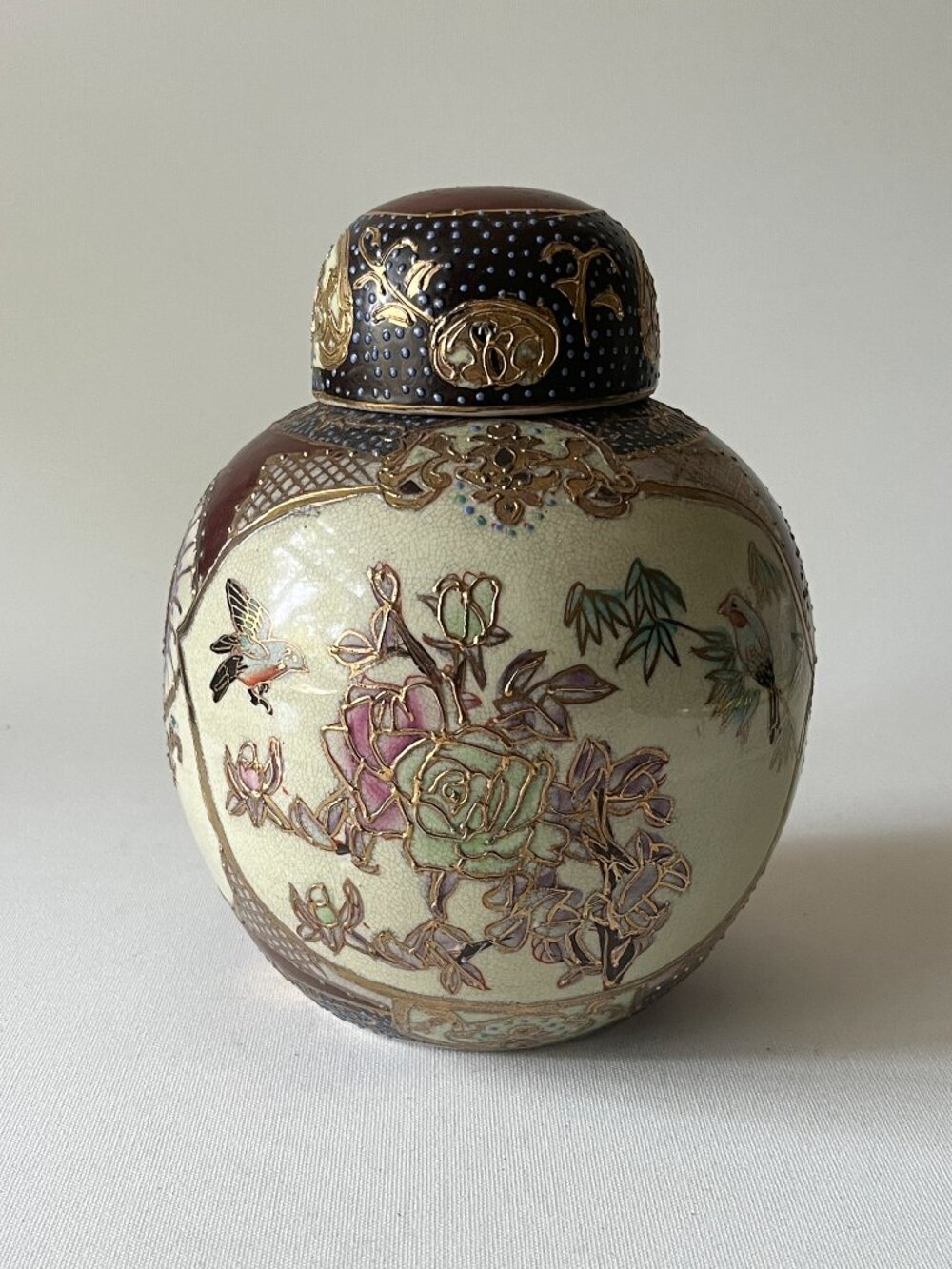 Vintage Japanese Satsuma Style Handpainted Birds&Floral Ginger Jar w/ Lid